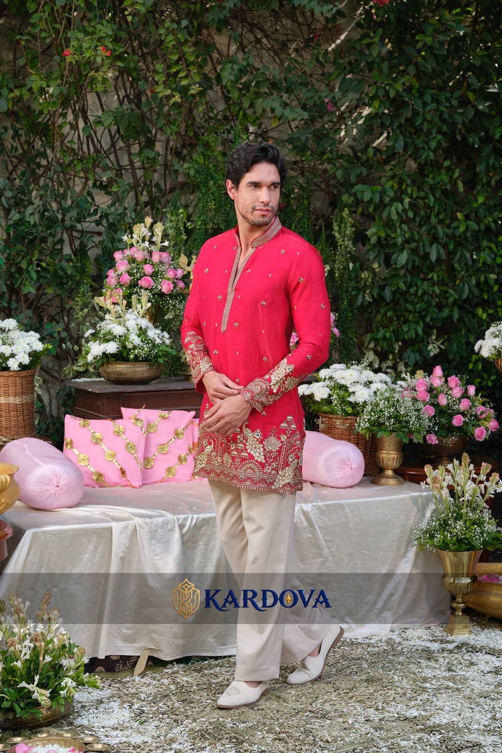V Neck Red Color Short Kurta