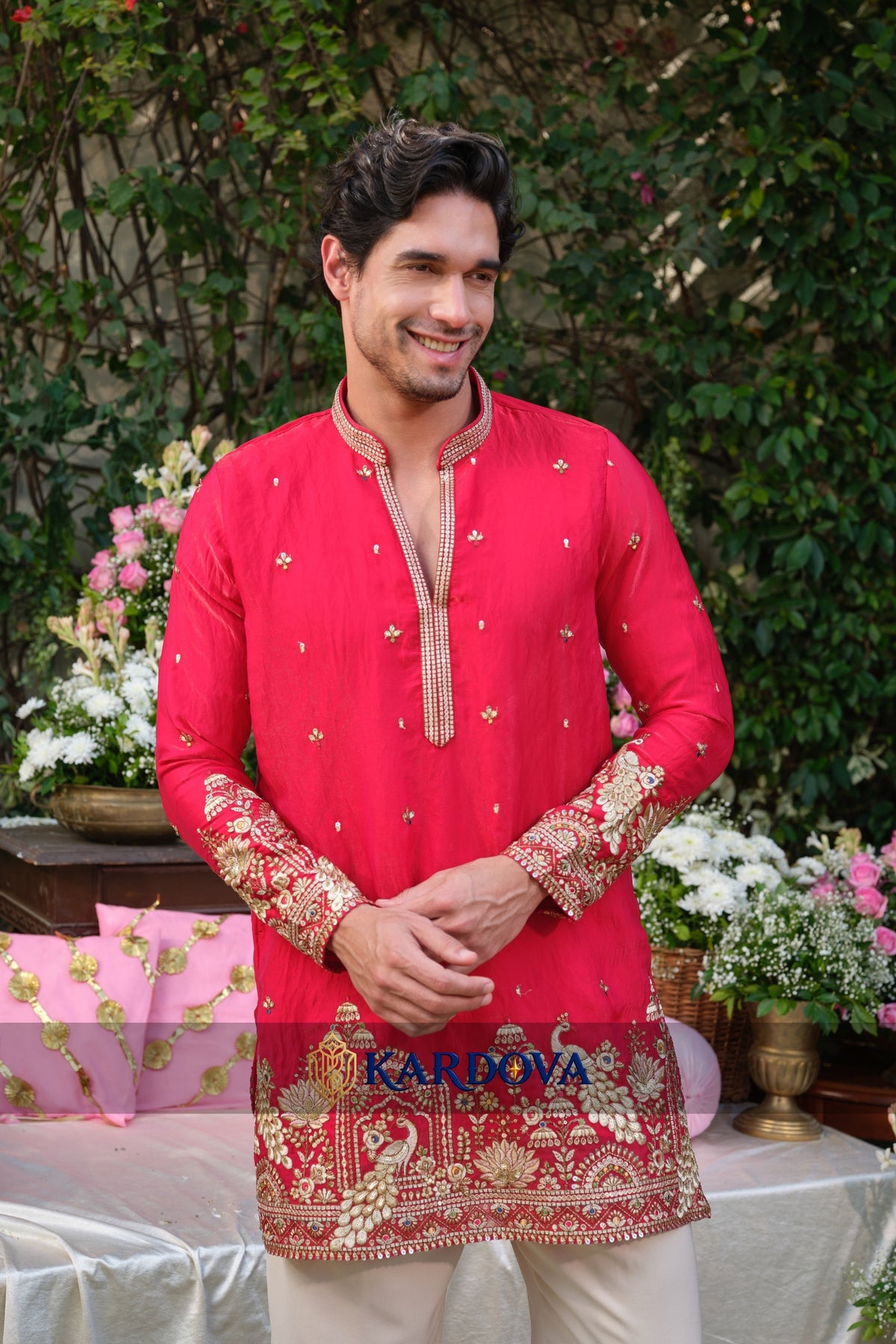 V NECK RED COLOR SHORT KURTA