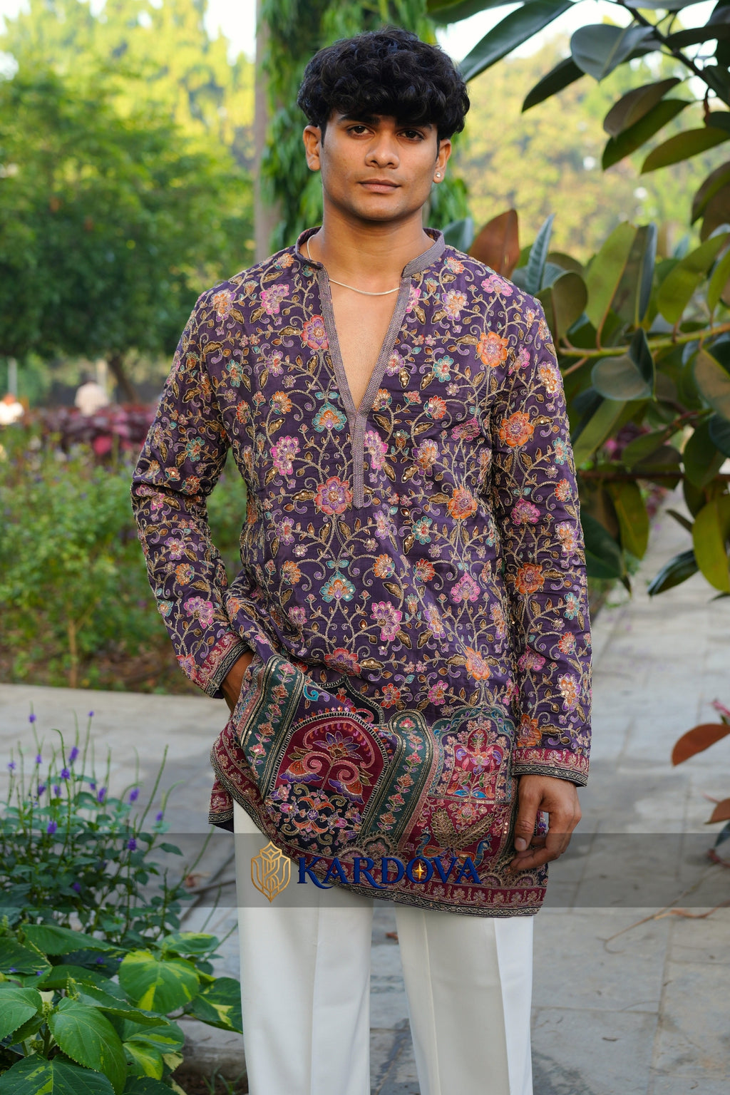 Floral position print short V-neck kurta for men paired with premium Korean pants