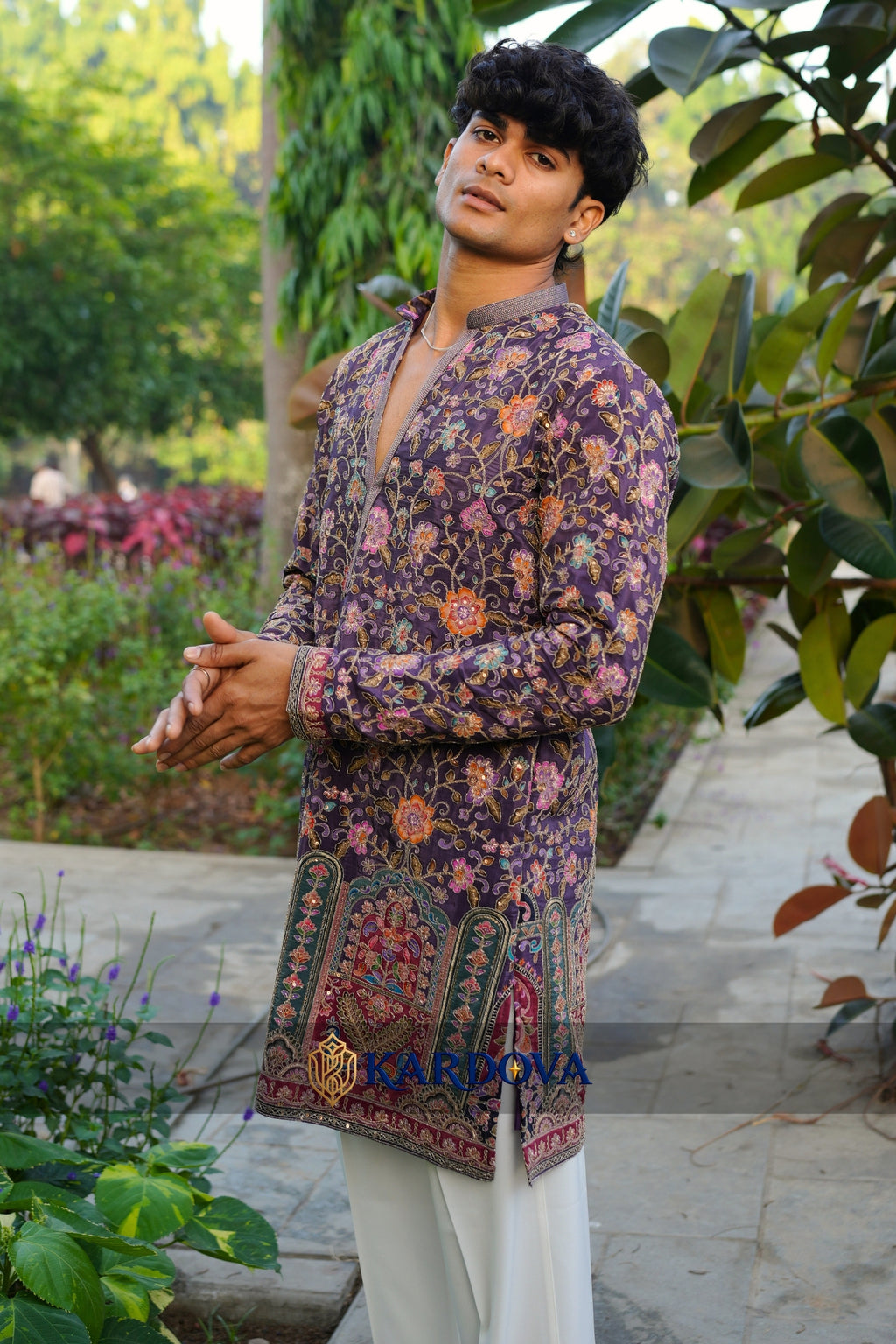 Floral position print short V-neck kurta for men paired with premium Korean pants