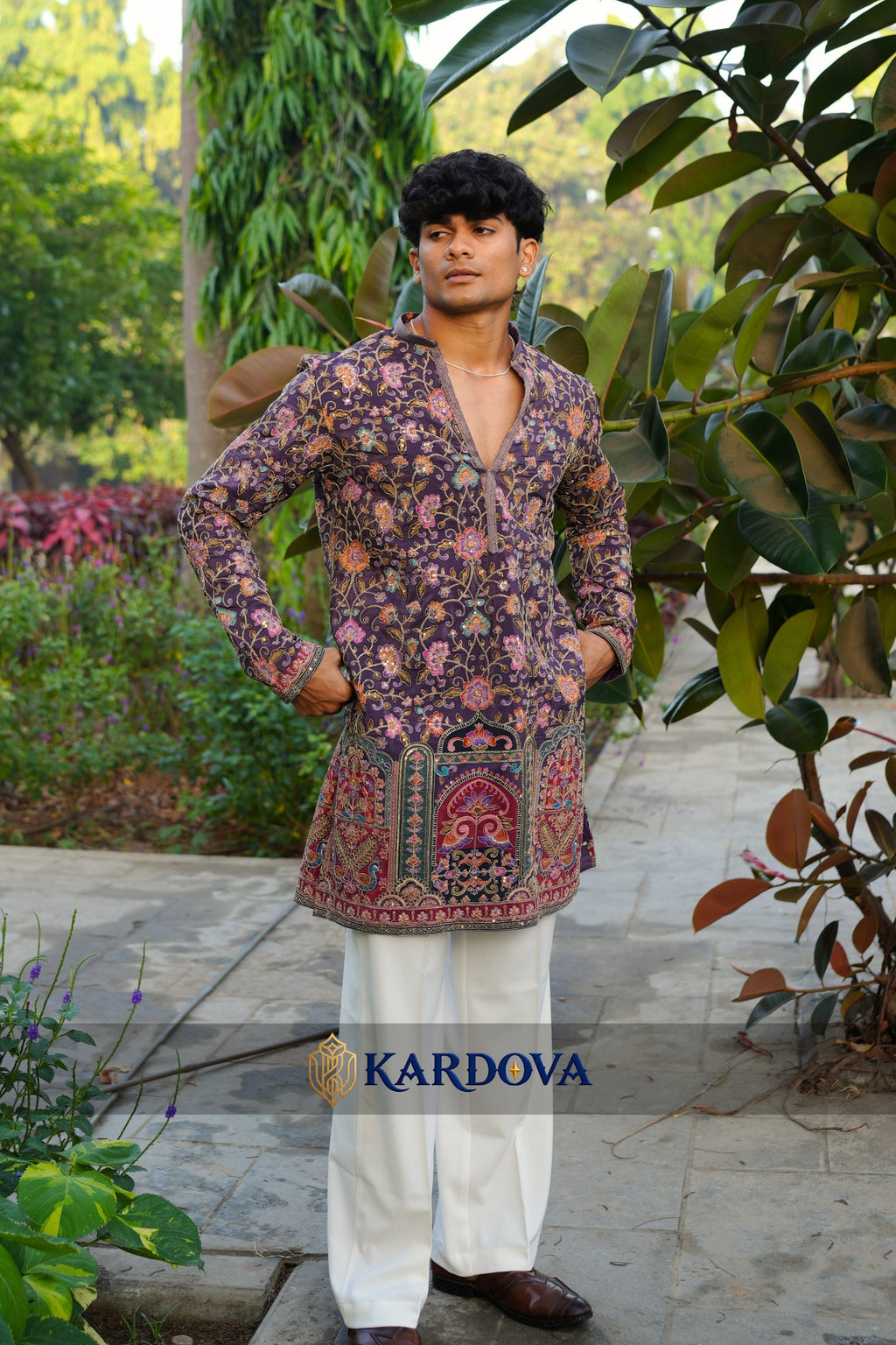 Floral position print short V-neck kurta for men paired with premium Korean pants