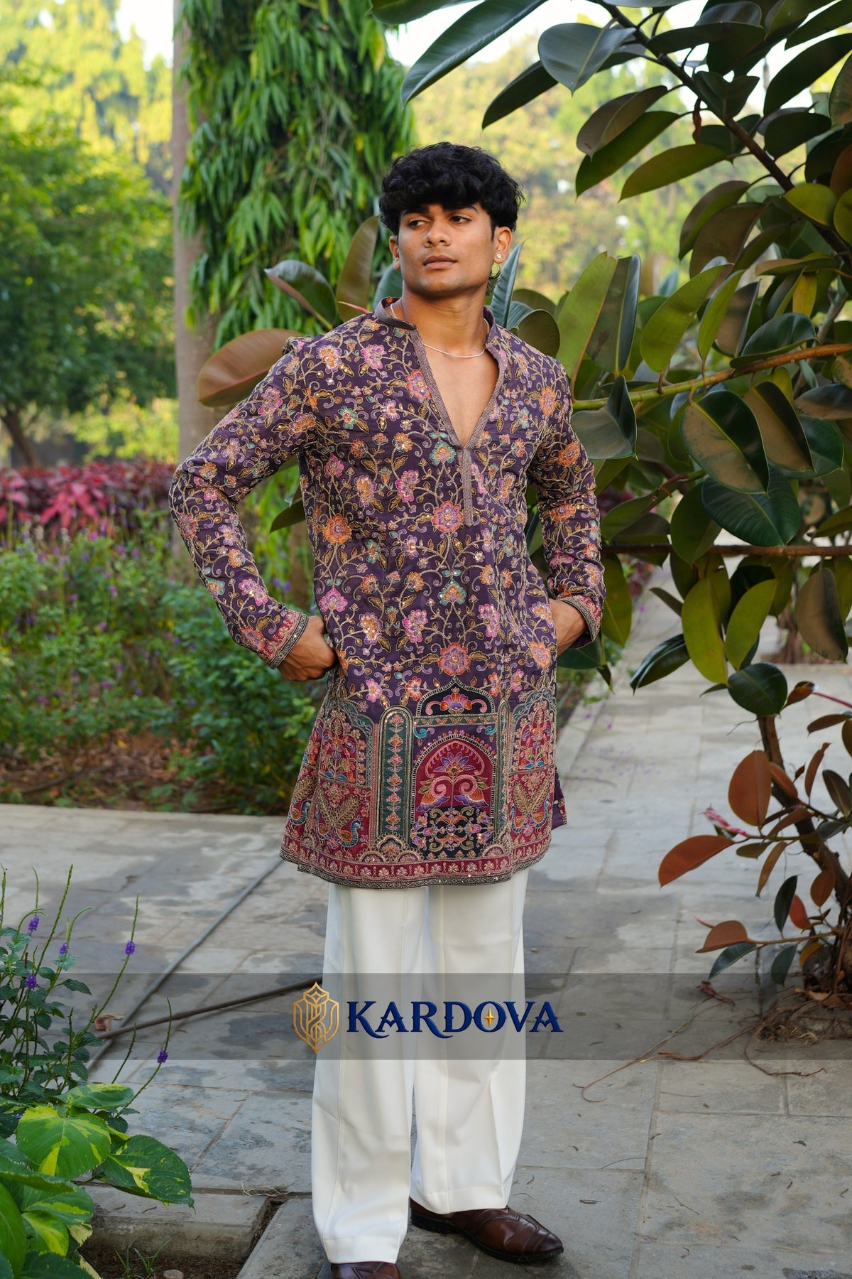 Floral position print short V-neck kurta for men paired with premium Korean pants
