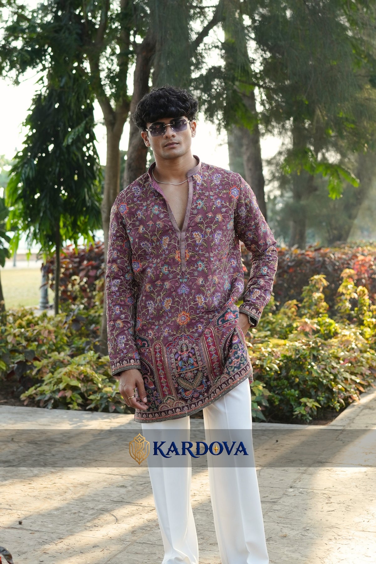 Floral Position Print Short V-neck Kurta for Men Paired with Premium Korean Pants