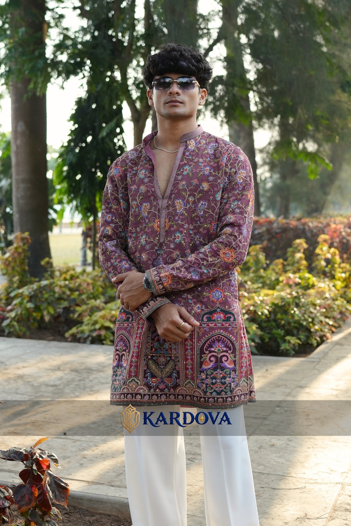 Floral Position Print Short V-neck Kurta for Men Paired with Premium Korean Pants