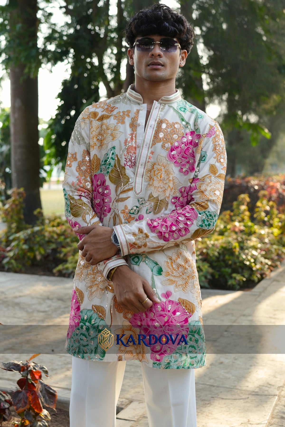 Multicolor Floral Carnival Short Kurta Set for men with Premium Korean Pants