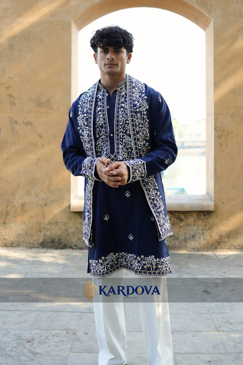 Navy blue mirror work short kurta for men with dupatta and Premium Korean Pant