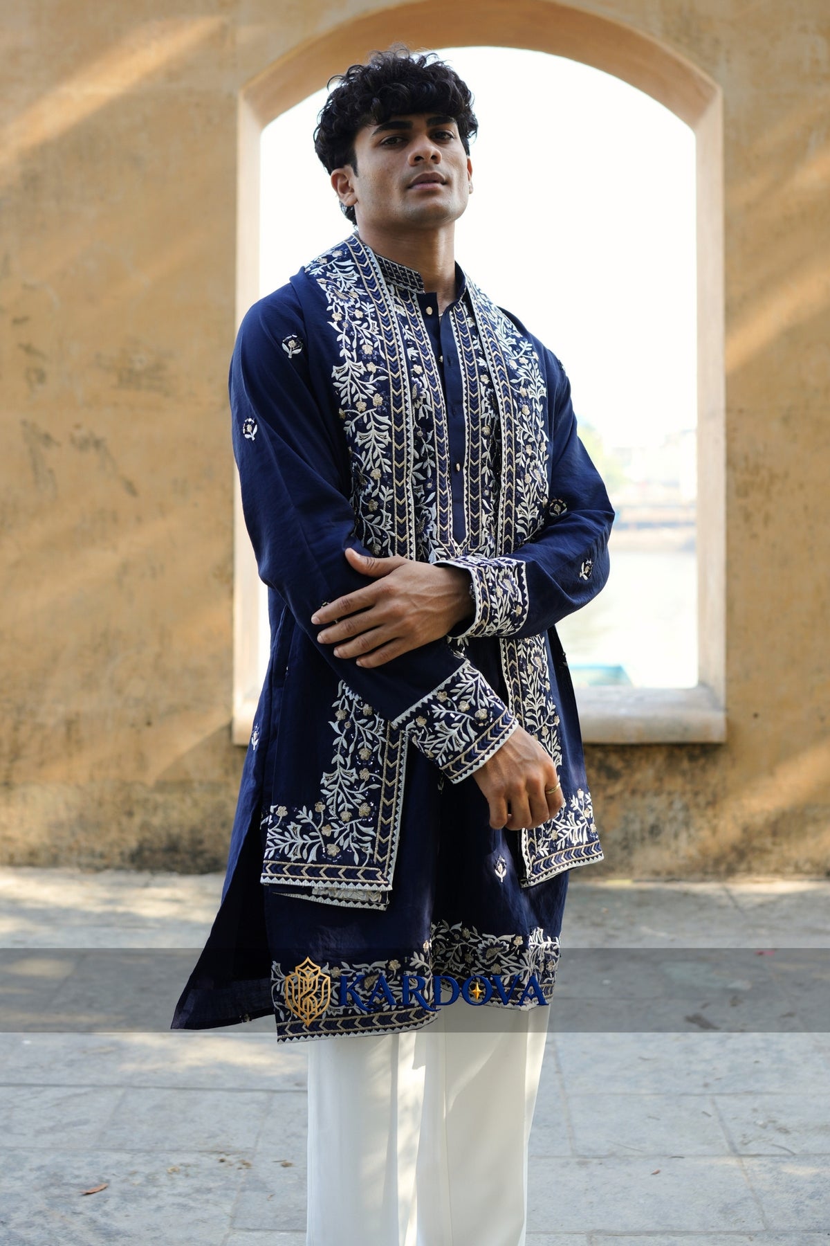 Navy blue mirror work short kurta for men with dupatta and Premium Korean Pant