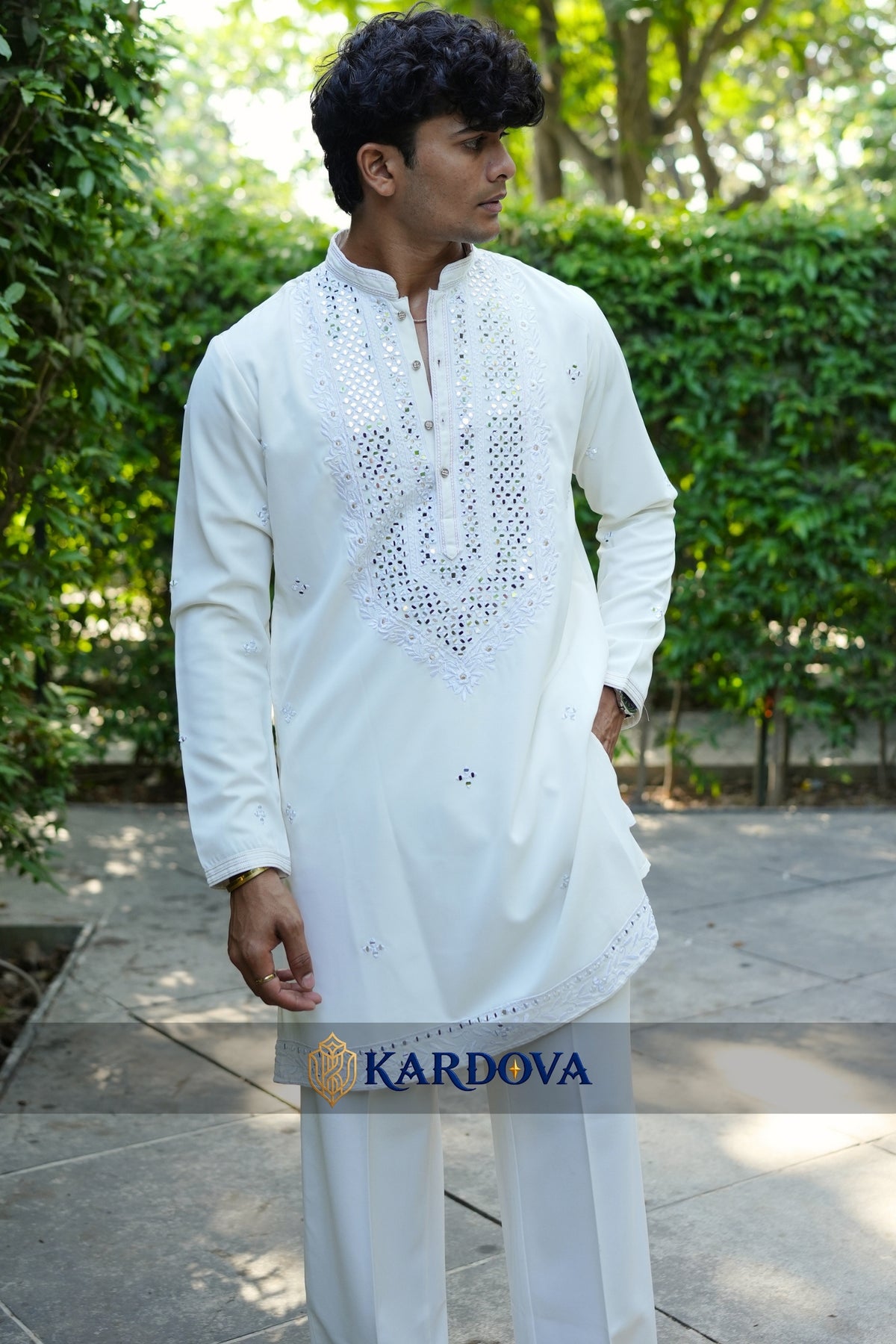 Cream Mirror Work Short Kurta For Men With Premium Korean Pants