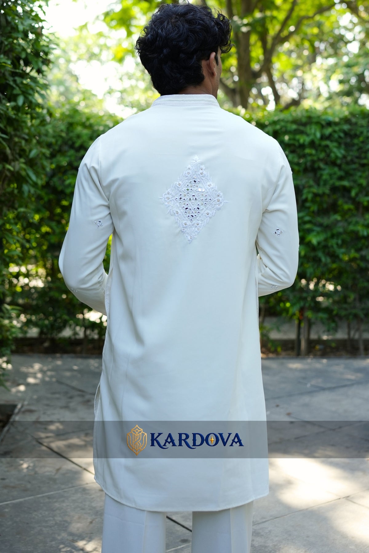 Cream Mirror Work Short Kurta For Men With Premium Korean Pants