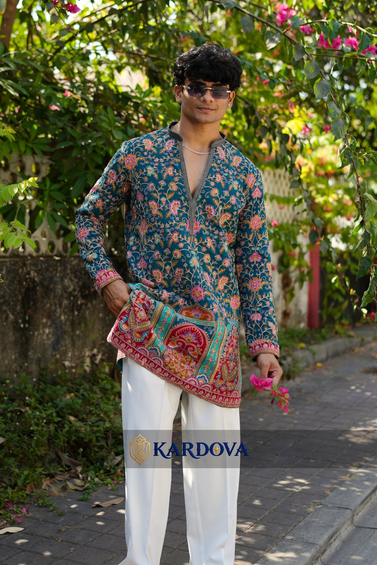 RAMA Blue V Neck Short Kurta with Premium Korean Pants