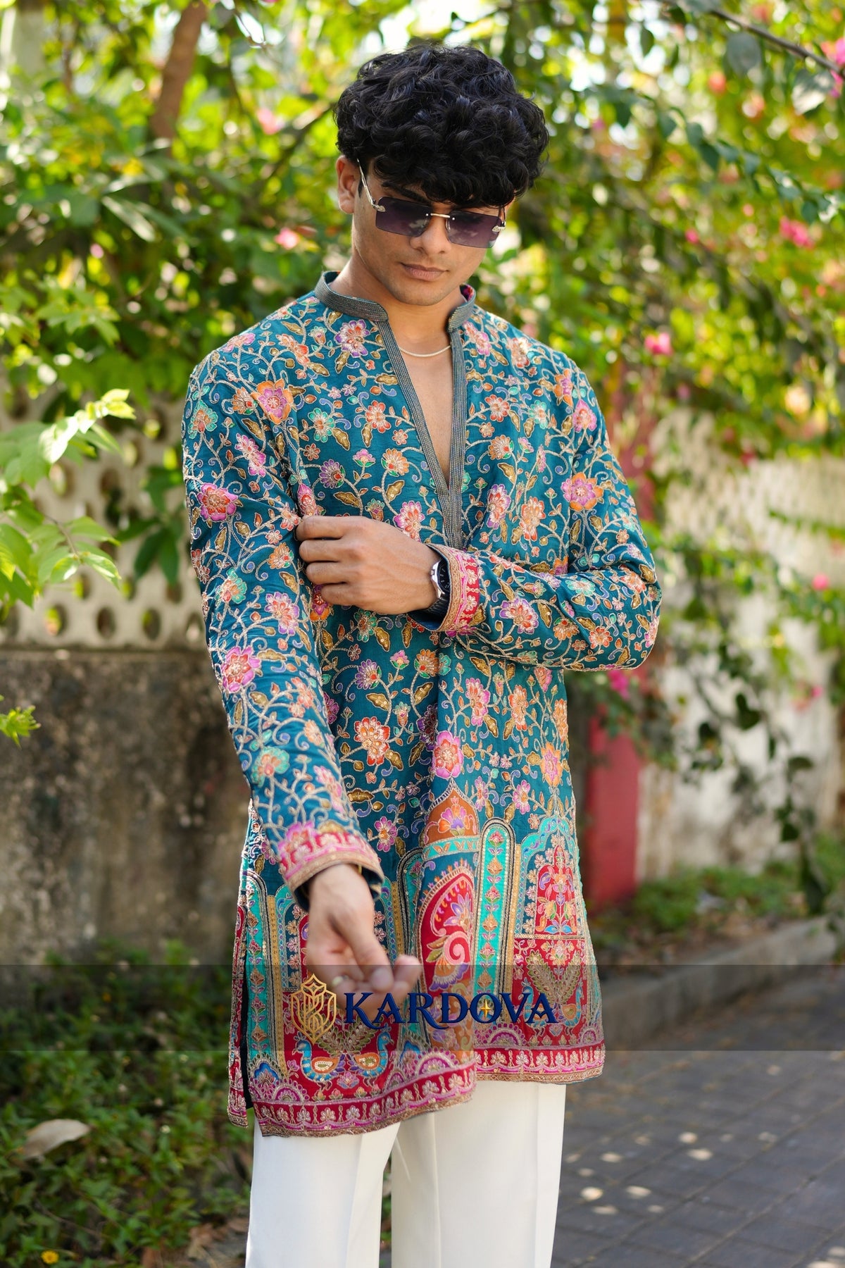 RAMA Blue V Neck Short Kurta with Premium Korean Pants